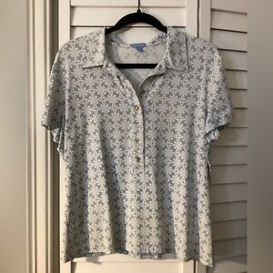 J. McLaughlin Women’s Short Sleeve Collared Blue & White Button Down Top Size XL